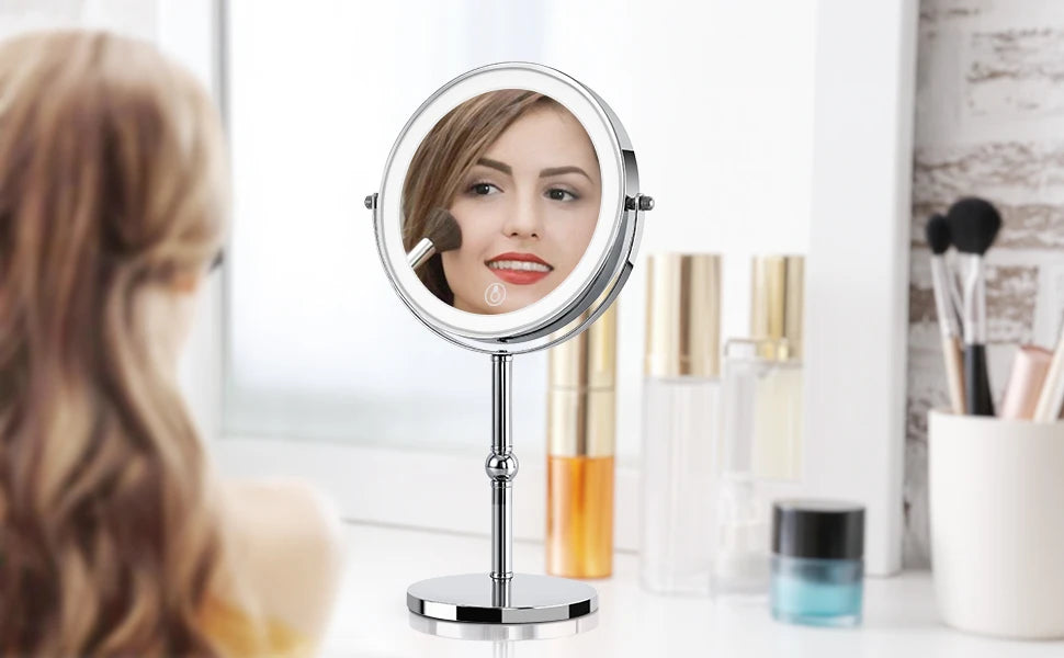 Double Sided LED Lighted Makeup Mirror, Height Adjustable Touch Control Vanity Mirror with Ring Light, 360° Swivel 1X/10X Magnification Cosmetic Mirror for Bathroom Dresser Tabletop